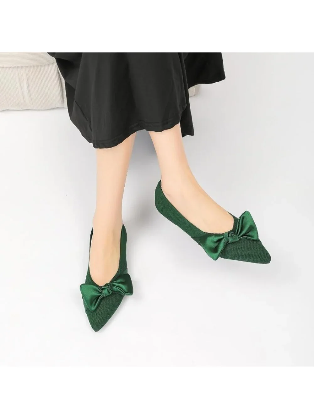 Women's Green Mesh Pointed Toe Ballet Slip On Comfortable  Flats with Bow Shoes